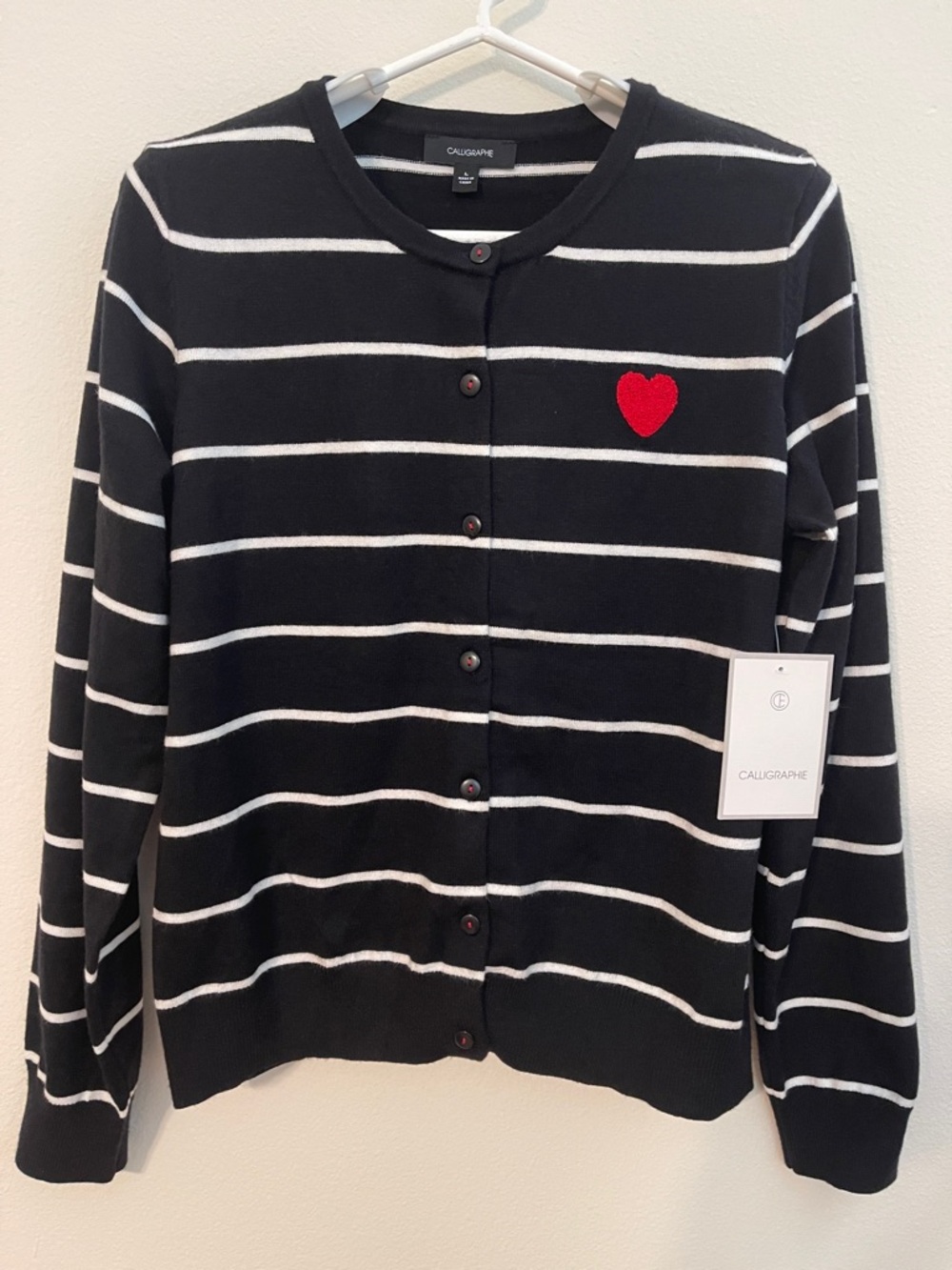 NWT Black & White Striped Button Down Cardigan with Red Heart Patch